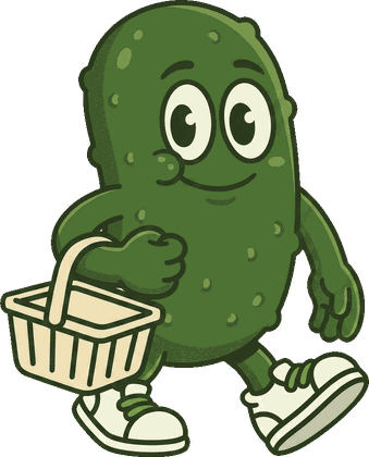 The Quickle mascot — a cartoon pickle in trainers carrying a shopping basket