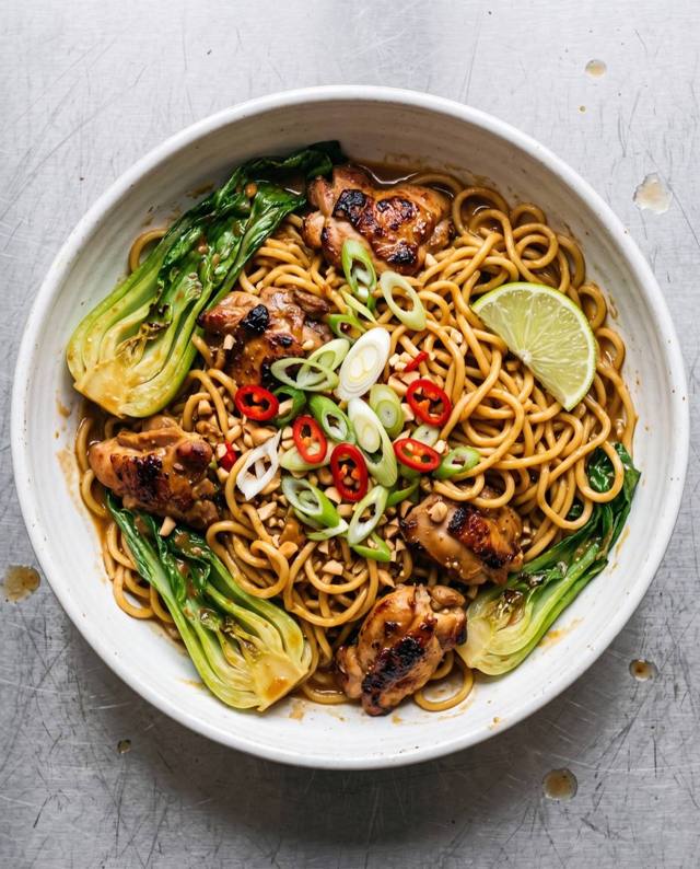 Sticky peanut chicken noodles